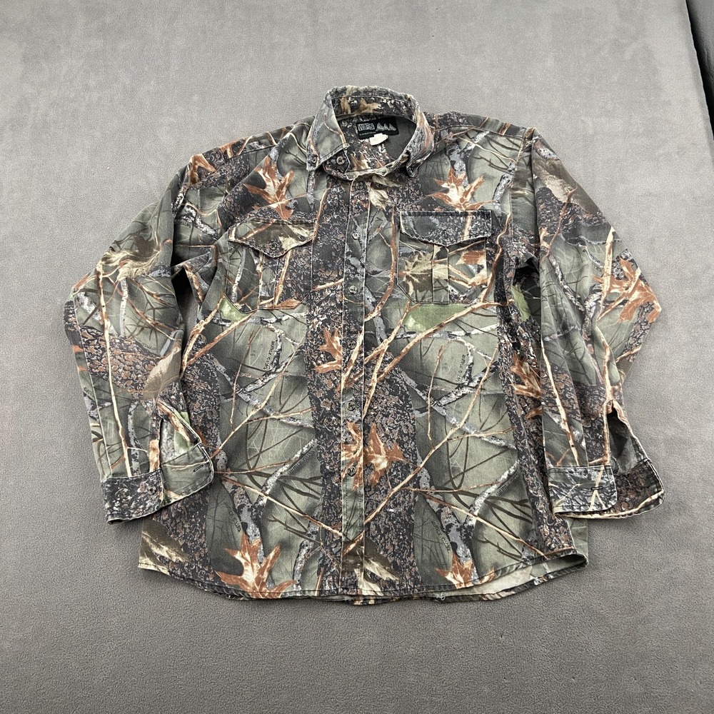 Vintage WFS Element Gear Hunting Shirt Sz M Green Woodland Camo Button Down